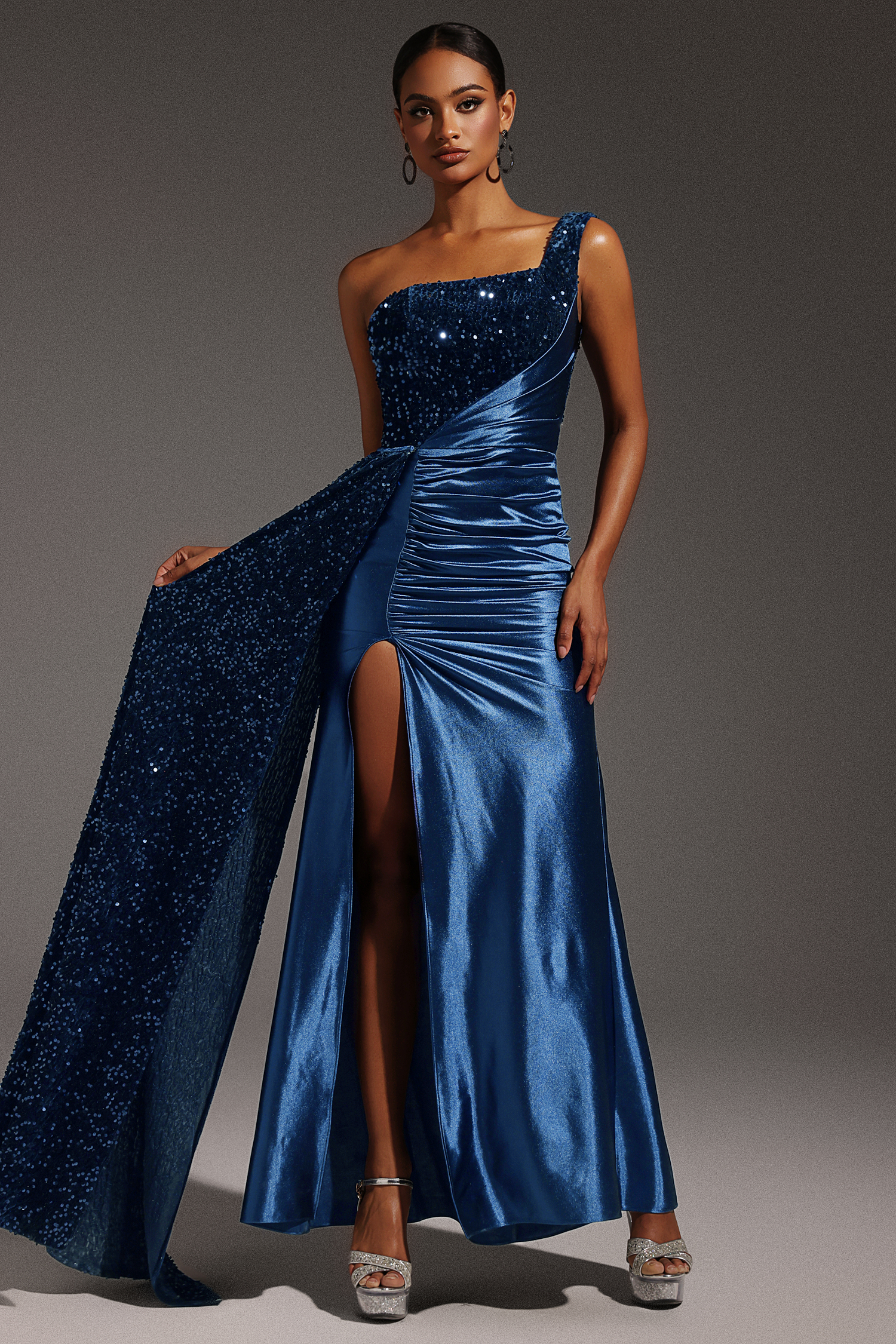Kerla One Shoulder Sleeveless High Slit Velvet Sequin Maxi Dress
