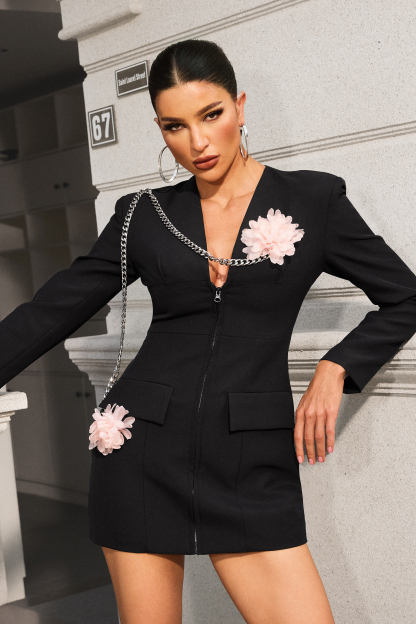 Gini Long Sleeve Flowers Chain Mini Dress