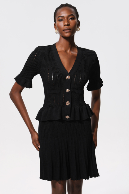 Miopa V Neck Short Sleeves Diamond Button Folds Mini Dress