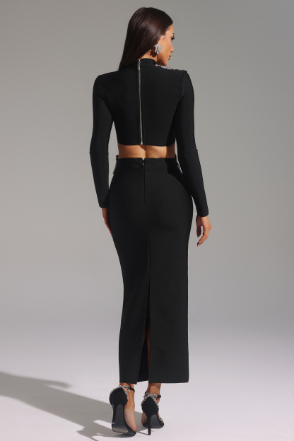 Ulama Choker Long Sleeve Diamond Flowers Bandage Maxi Two-Piece Set