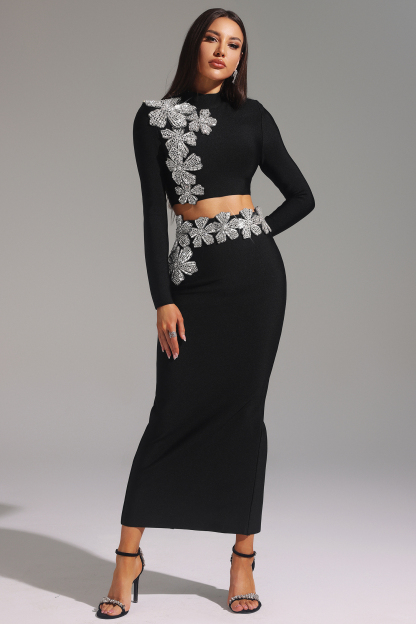 Ulama Choker Long Sleeve Diamond Flowers Bandage Maxi Two-Piece Set