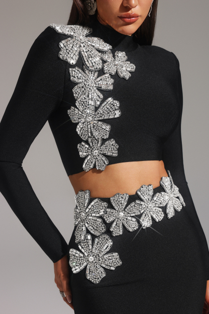 Ulama Choker Long Sleeve Diamond Flowers Bandage Maxi Two-Piece Set