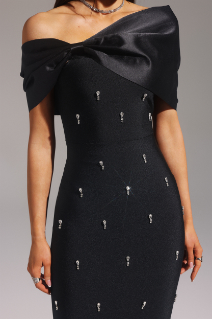 Palez Sleeveless One Shoulder Diamond Bow Bandage Maxi Dress