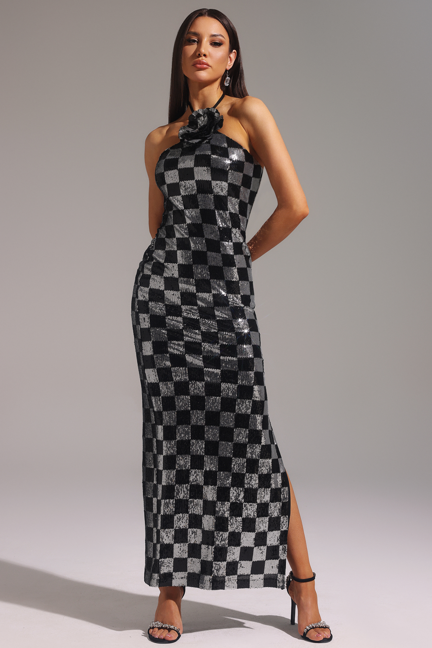 Makala Halter Lacing Flowers Sequin Maxi Dress