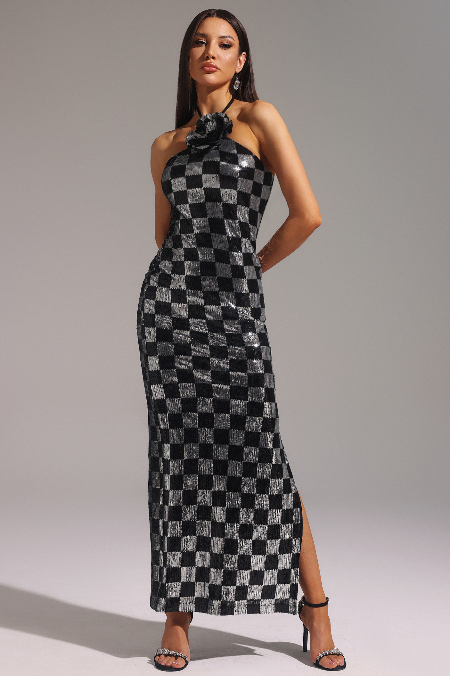 Makala Halter Lacing Flowers Sequin Maxi Dress