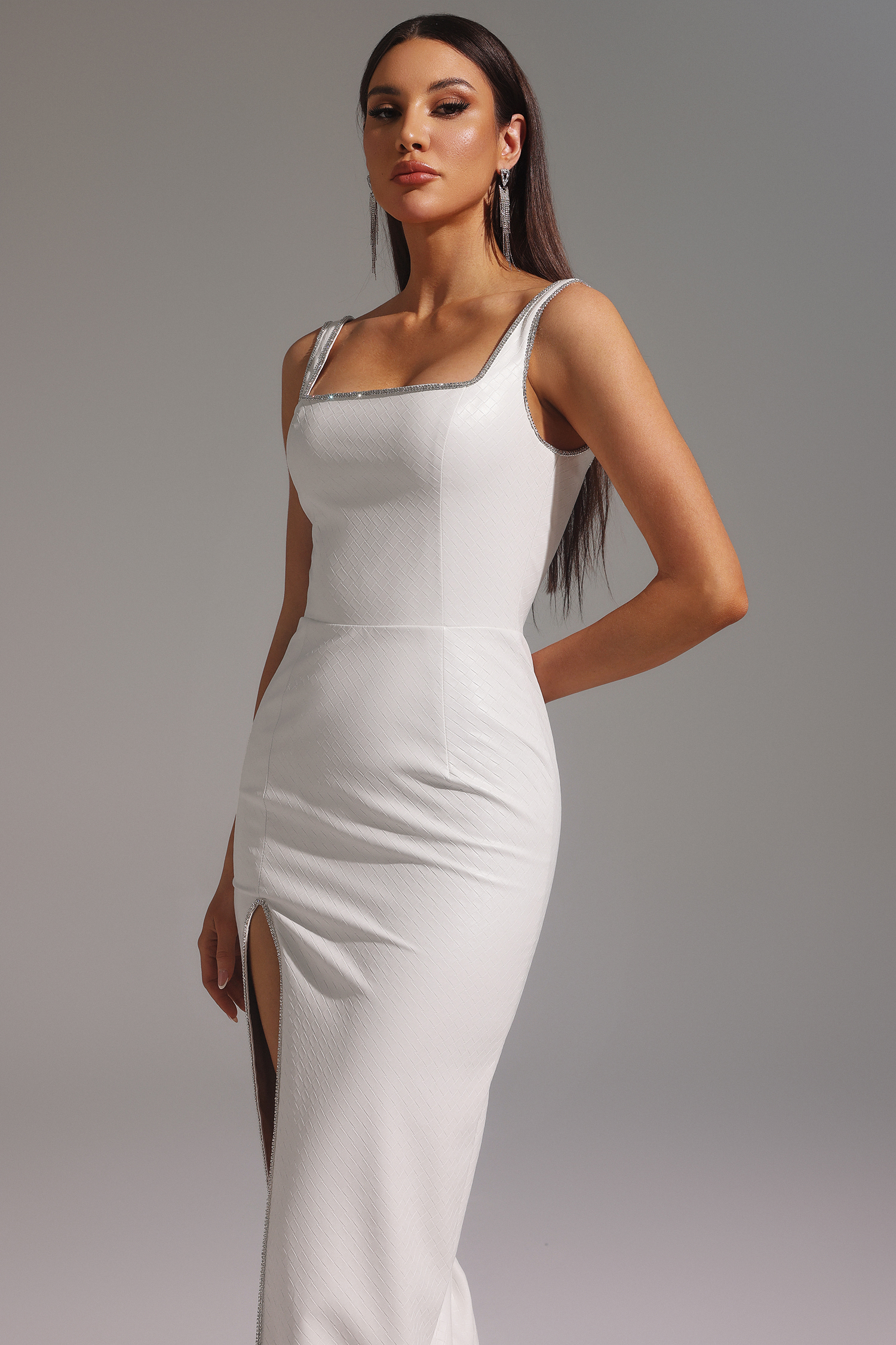 Polasa High Slit Diamond Artificial Leather Maxi Dress