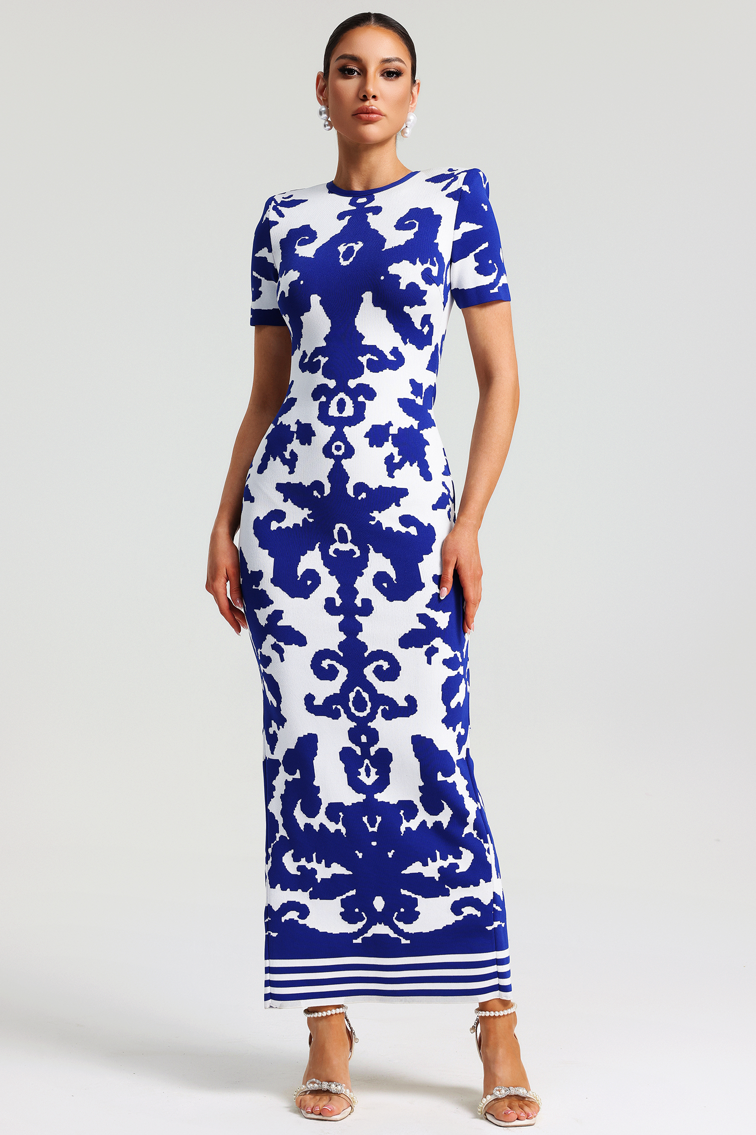 Lerae Round Neck Short Sleeve Jacquard Bandage Maxi Dress