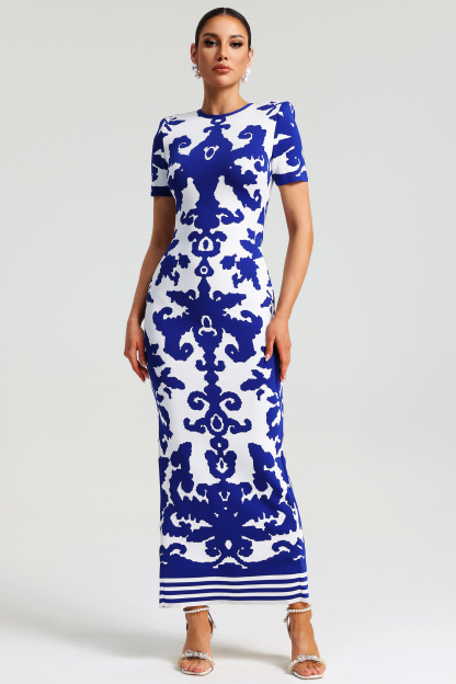 Lerae Round Neck Short Sleeve Jacquard Bandage Maxi Dress