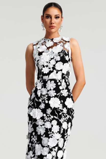 Dotty Sleeveless Embroidery Flowers Maxi Dress