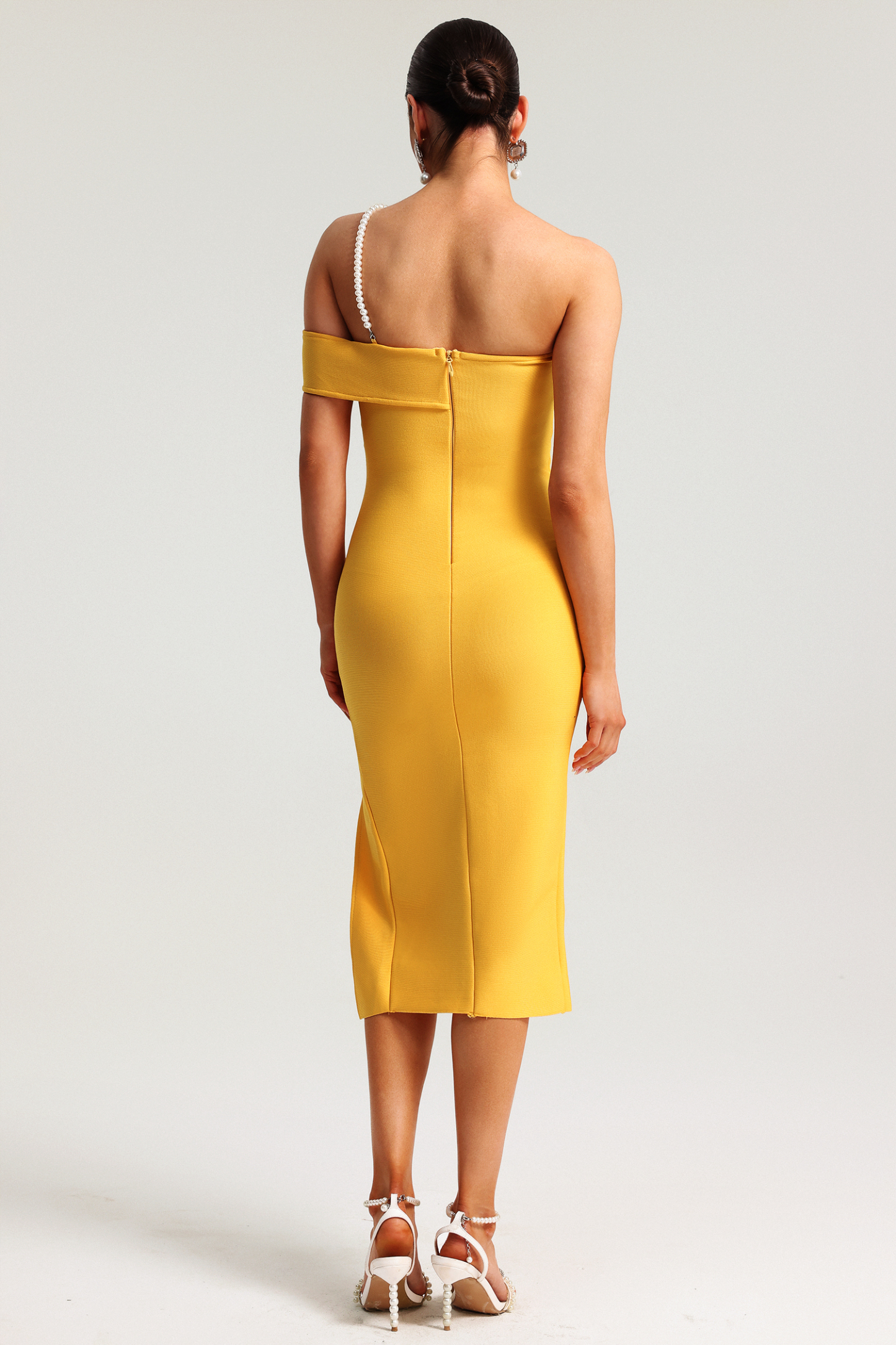 Falisa One Shoulder Pearl Slit Bandage Midi Dress