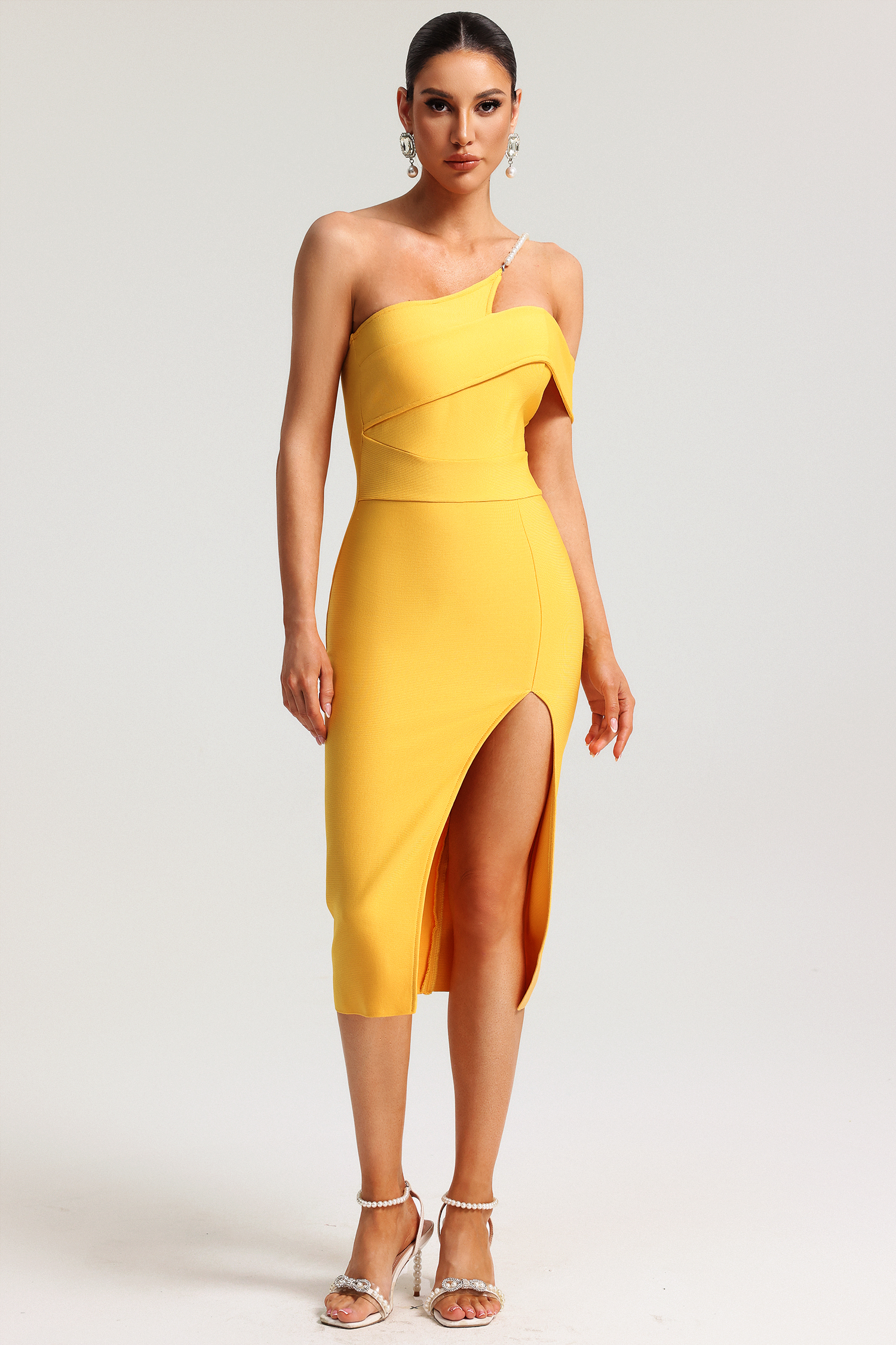 Falisa One Shoulder Pearl Slit Bandage Midi Dress