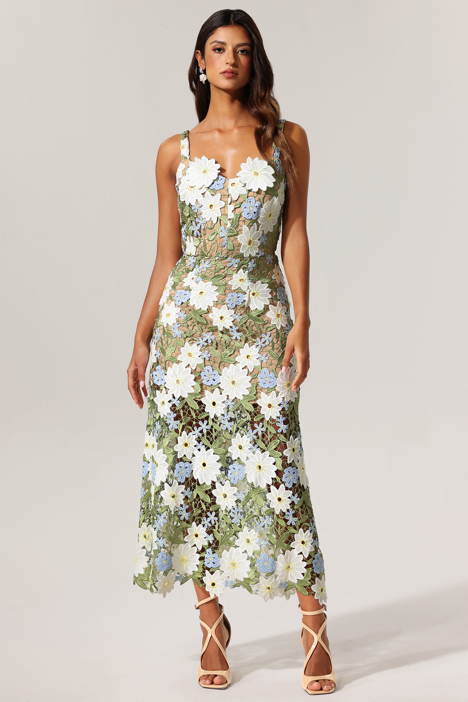 Diomond Halter Hollow Out Flowers Lace Maxi Dress
