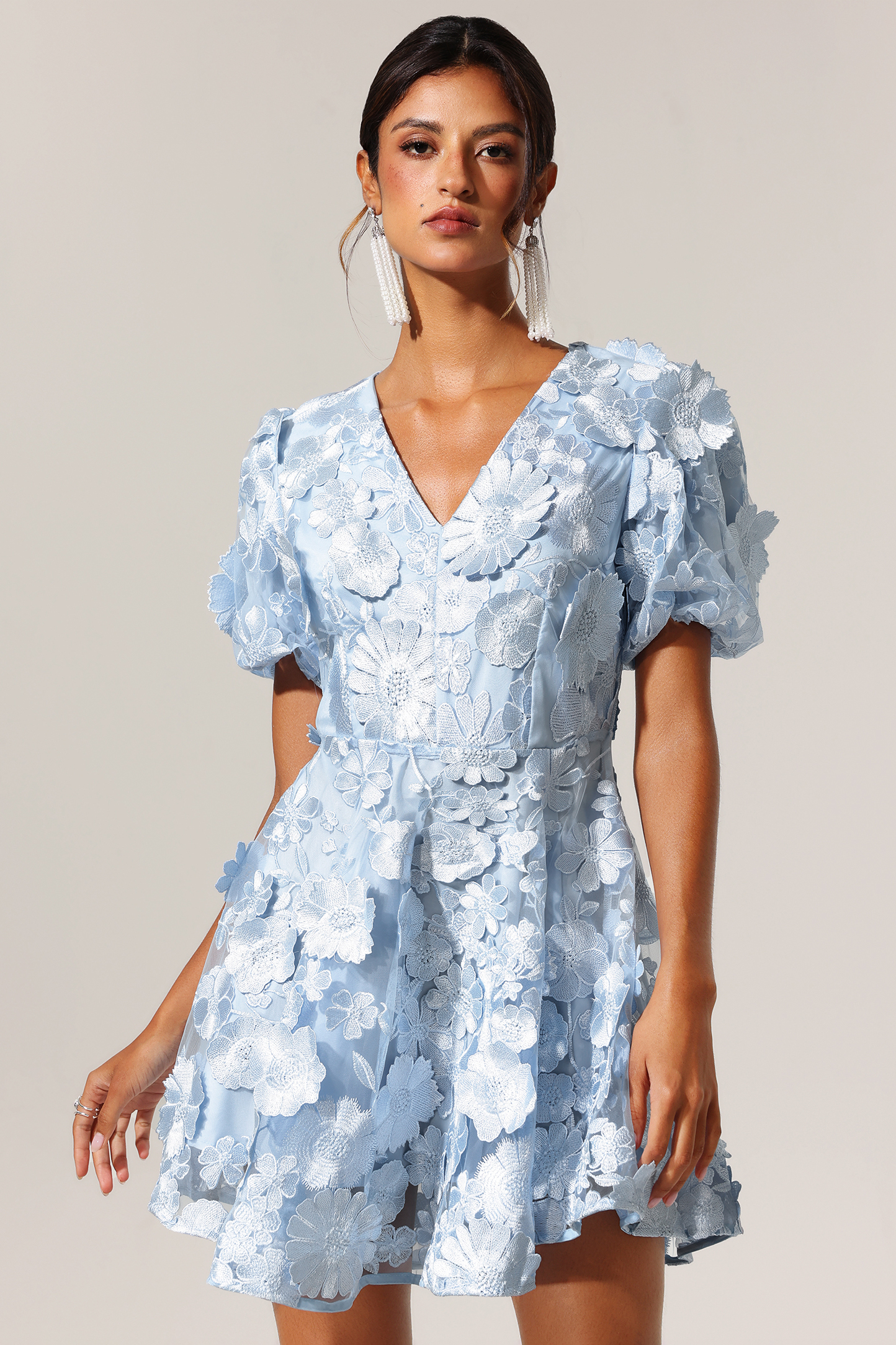 Laney Short Sleeves Flower Lace V-Neck Mini Dress