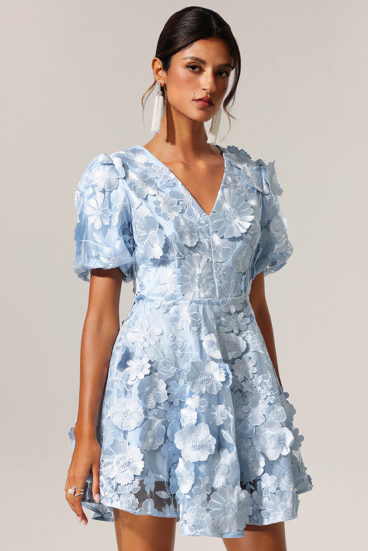 Laney Short Sleeves Flower Lace V-Neck Mini Dress