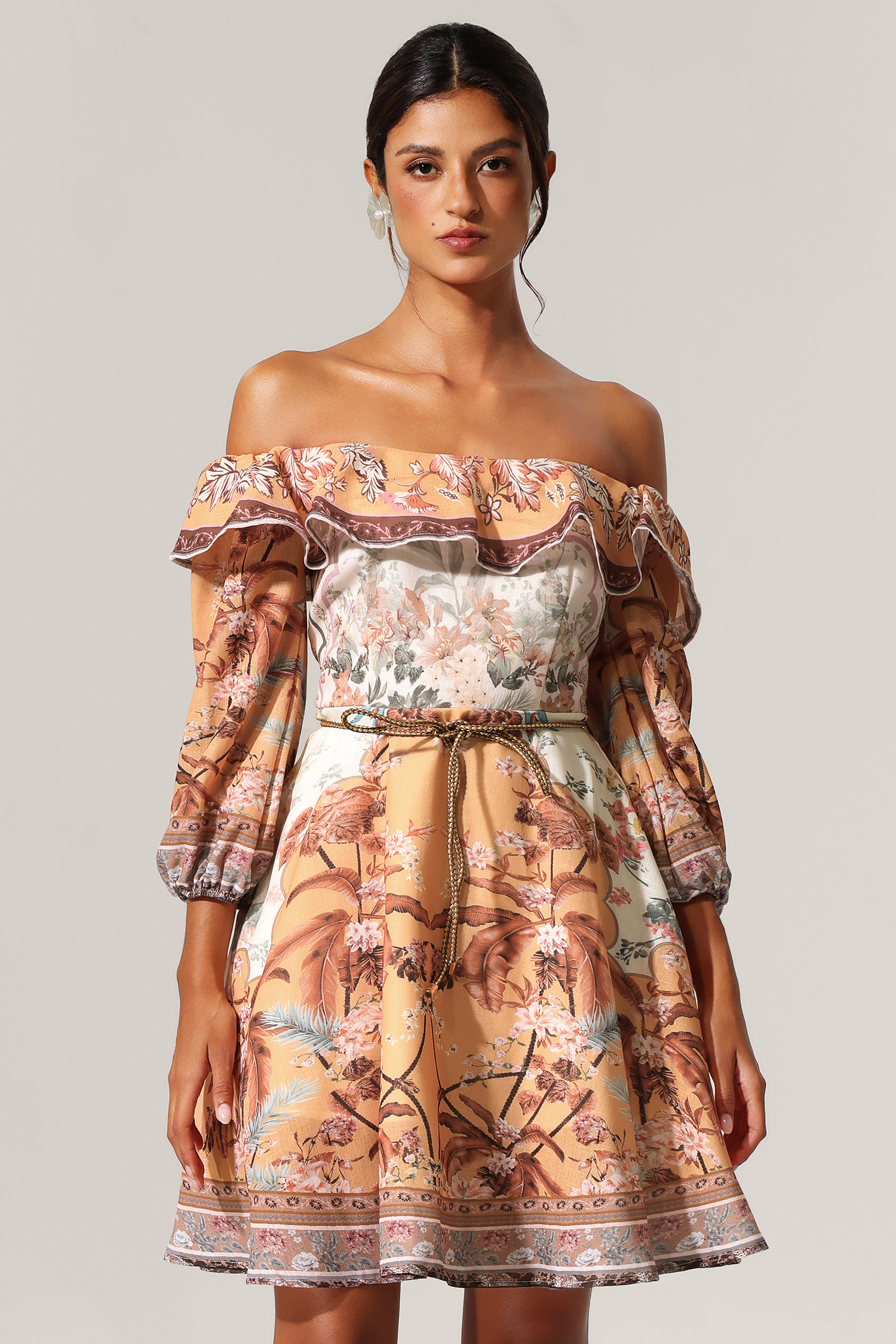 Reggie Floral Printed Off Shoulder Rufflede Mini Dress