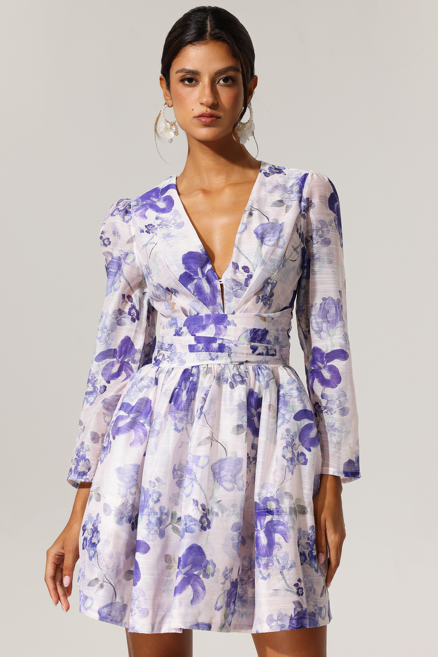 Easton Long Sleeves Floral Printed V-Neck Mini Dress
