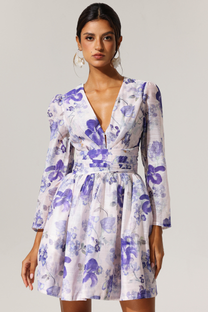 Easton Long Sleeves Floral Printed V-Neck Mini Dress