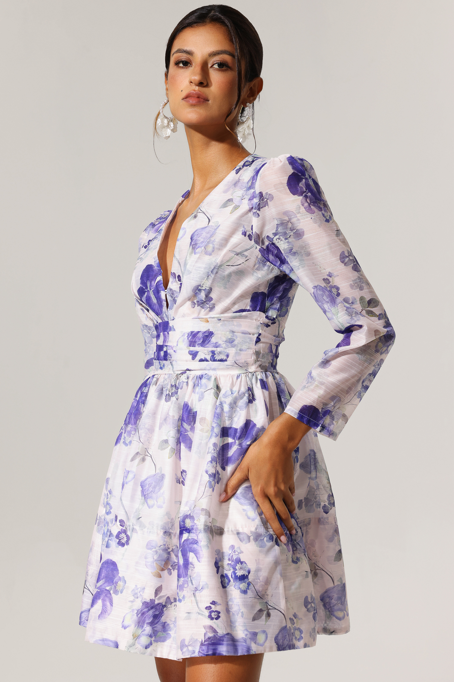 Easton Long Sleeves Floral Printed V-Neck Mini Dress