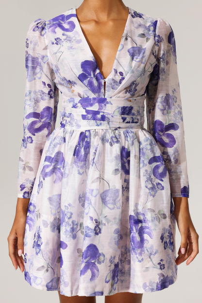 Easton Long Sleeves Floral Printed V-Neck Mini Dress