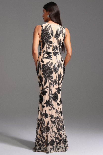 Hiata Sleeveless Sequin Flowers Maxi Dress