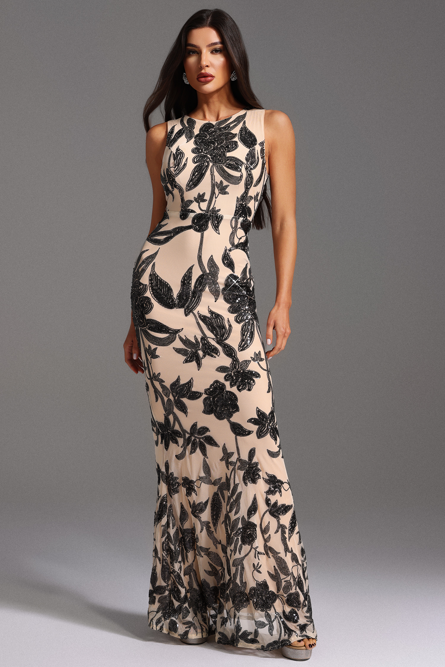 Hiata Sleeveless Sequin Flowers Maxi Dress