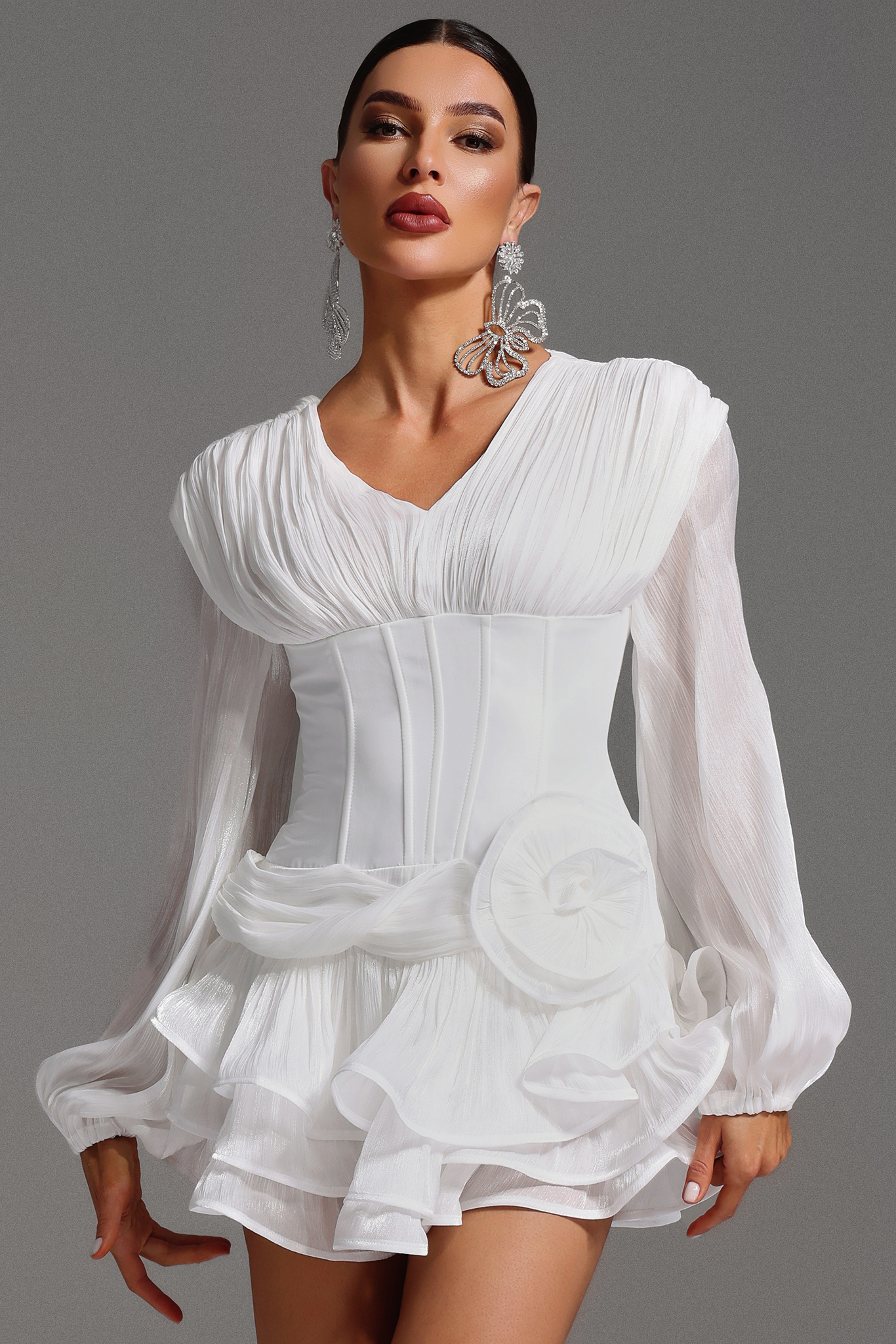 Gerasa Long Sleeve V-Neck Flowers Flounce Mini Dress