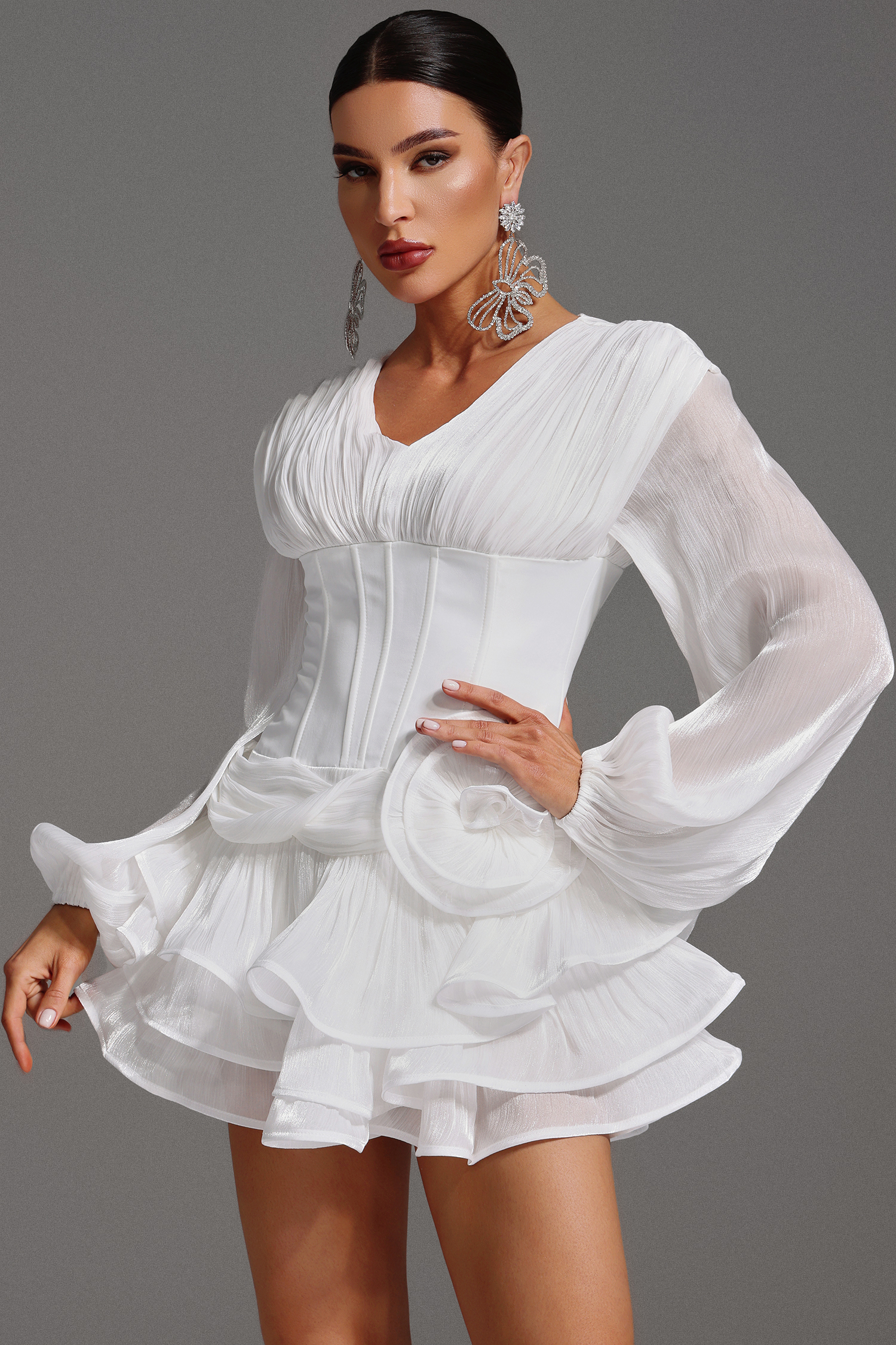 Gerasa Long Sleeve V-Neck Flowers Flounce Mini Dress