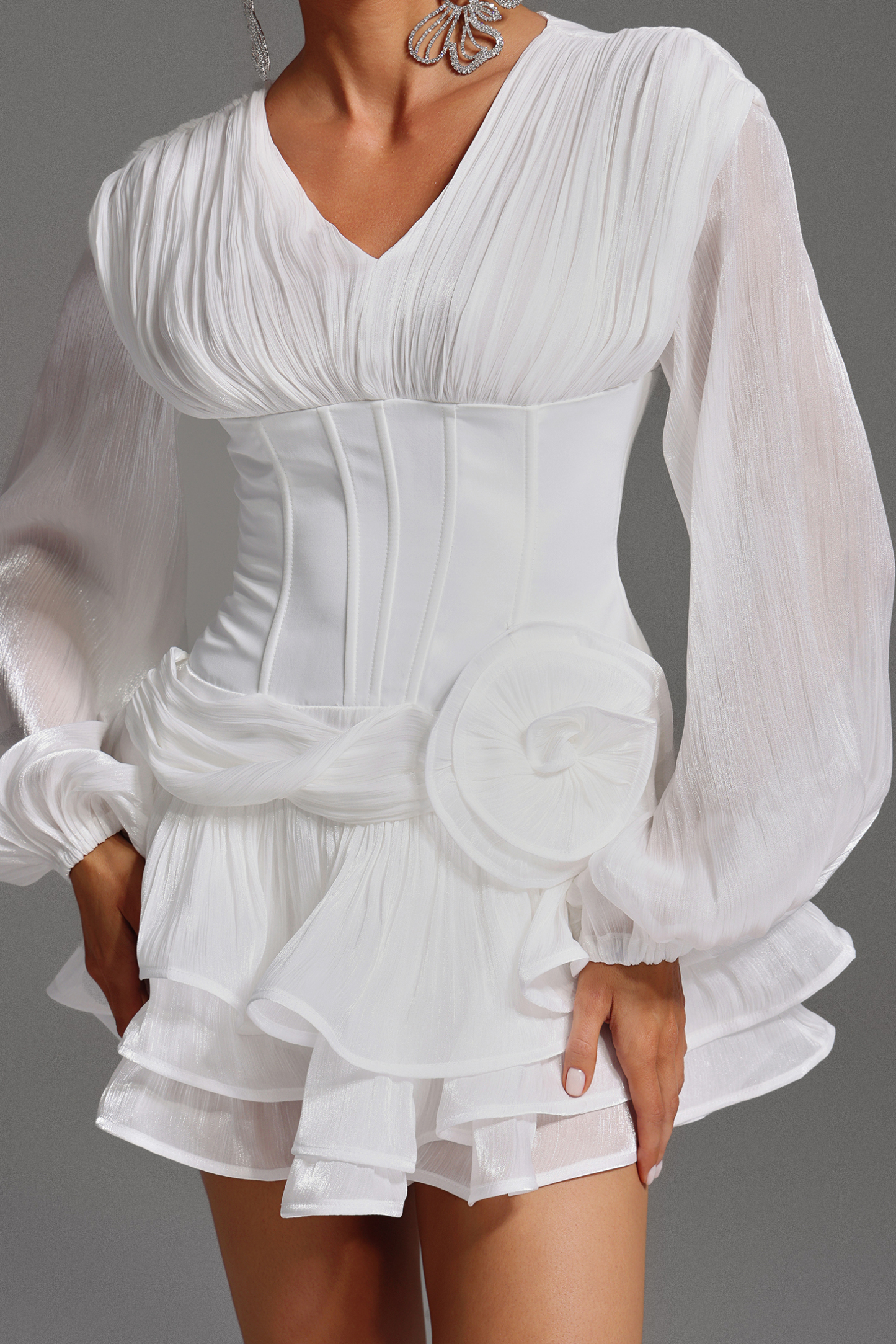 Gerasa Long Sleeve V-Neck Flowers Flounce Mini Dress