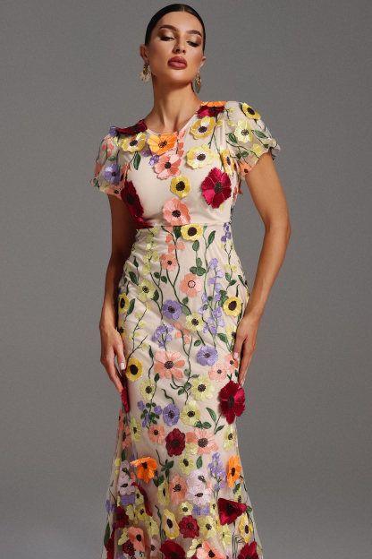 Naya Short Sleeve Round Neck Flowers Fishtail Maxi Dress