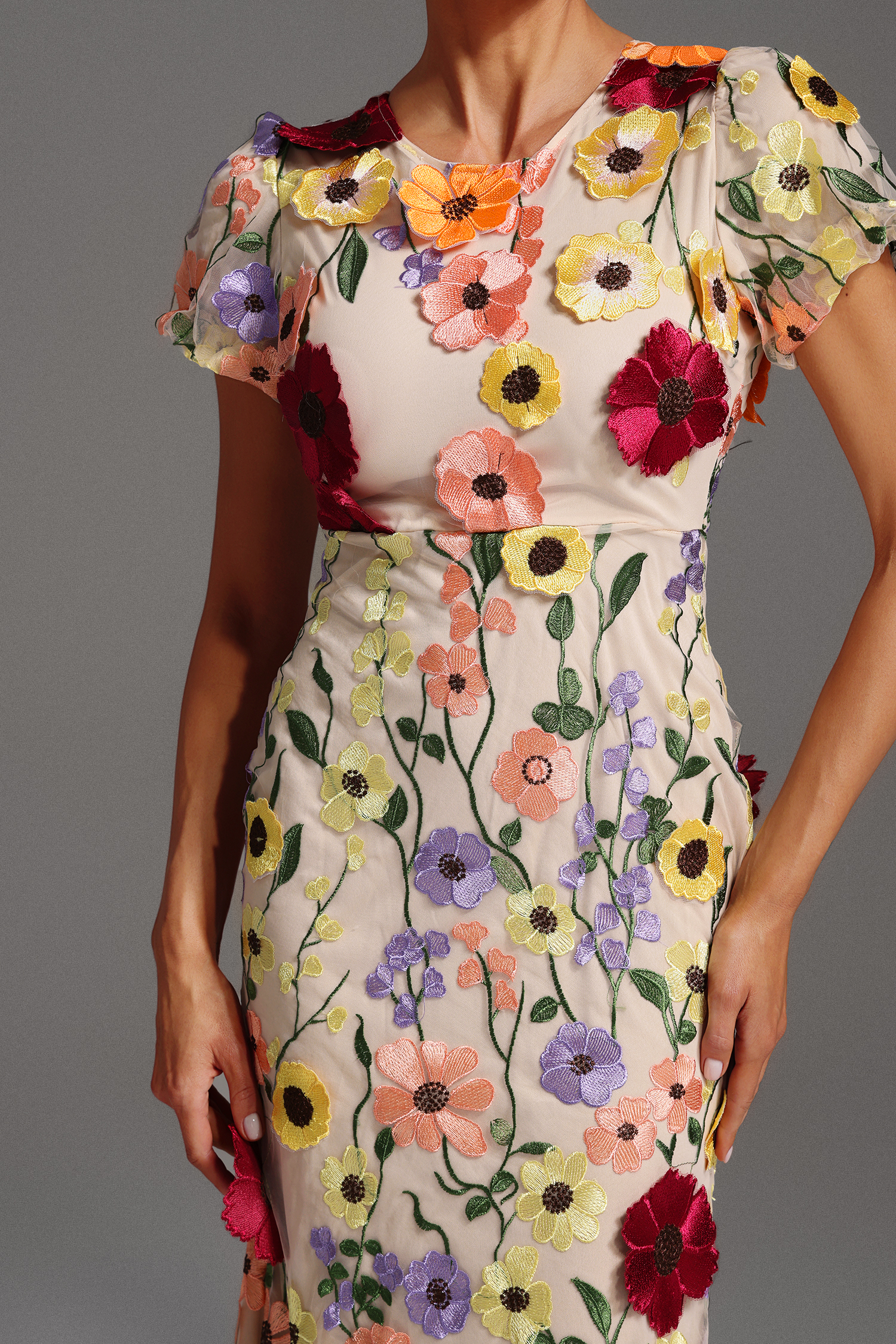 Naya Short Sleeve Round Neck Flowers Fishtail Midi Dress