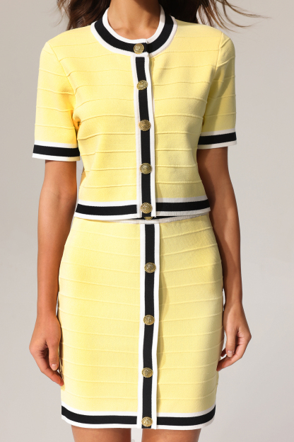 Terela Round Neck Gold Button Top And Skirt Two-Piece Set
