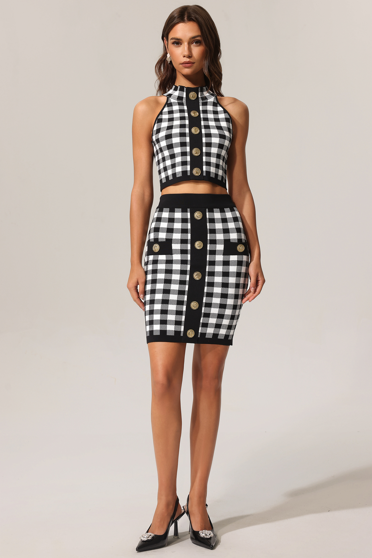 Lizbet Sleeveless Gold Button Knitted Top And Skirt Two-Piece Set
