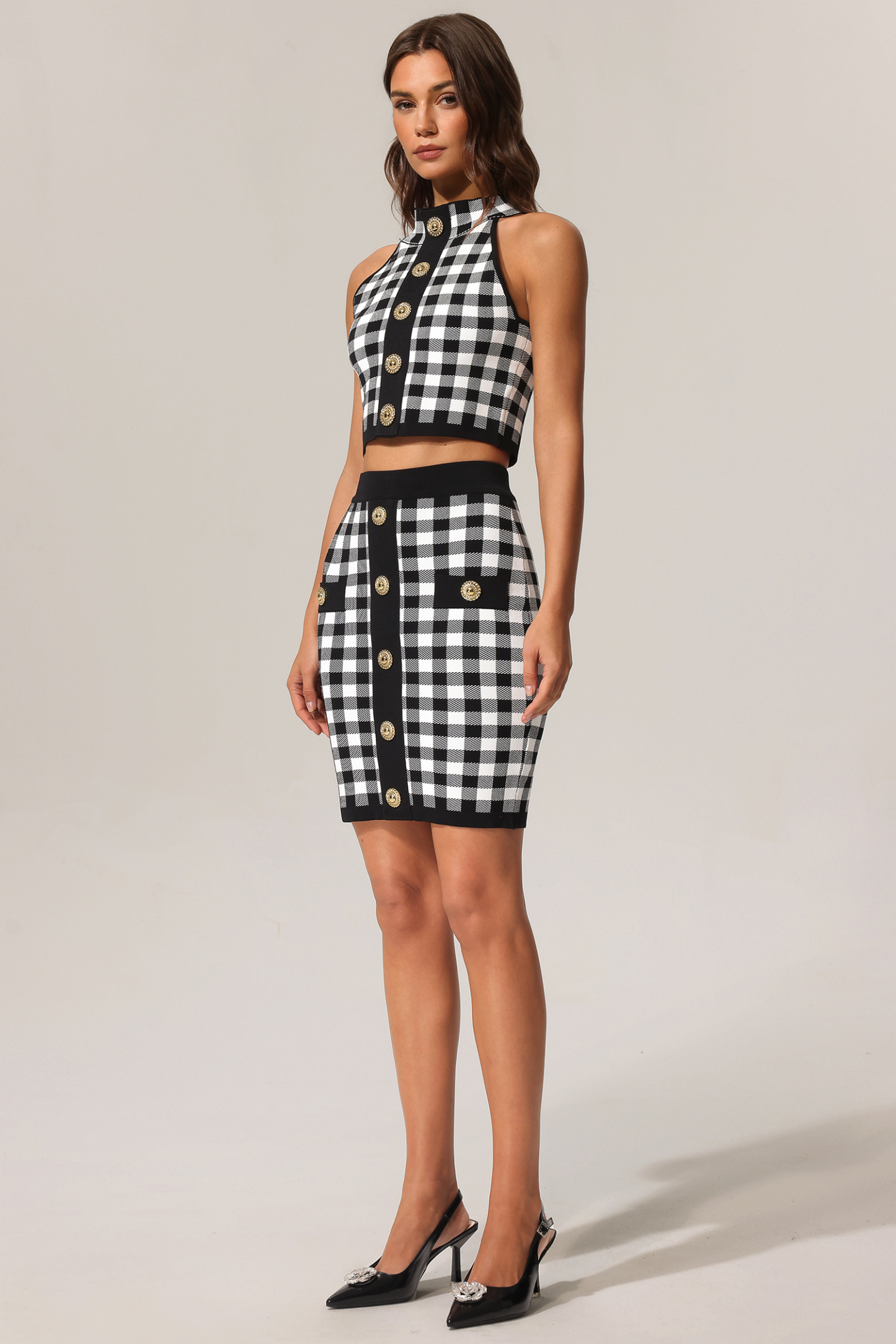 Lizbet Sleeveless Gold Button Knitted Top And Skirt Two-Piece Set