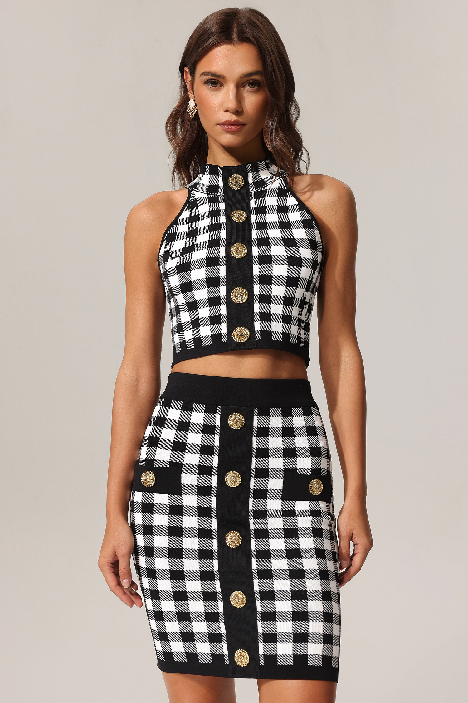 Lizbet Sleeveless Gold Button Knitted Top And Skirt Two-Piece Set