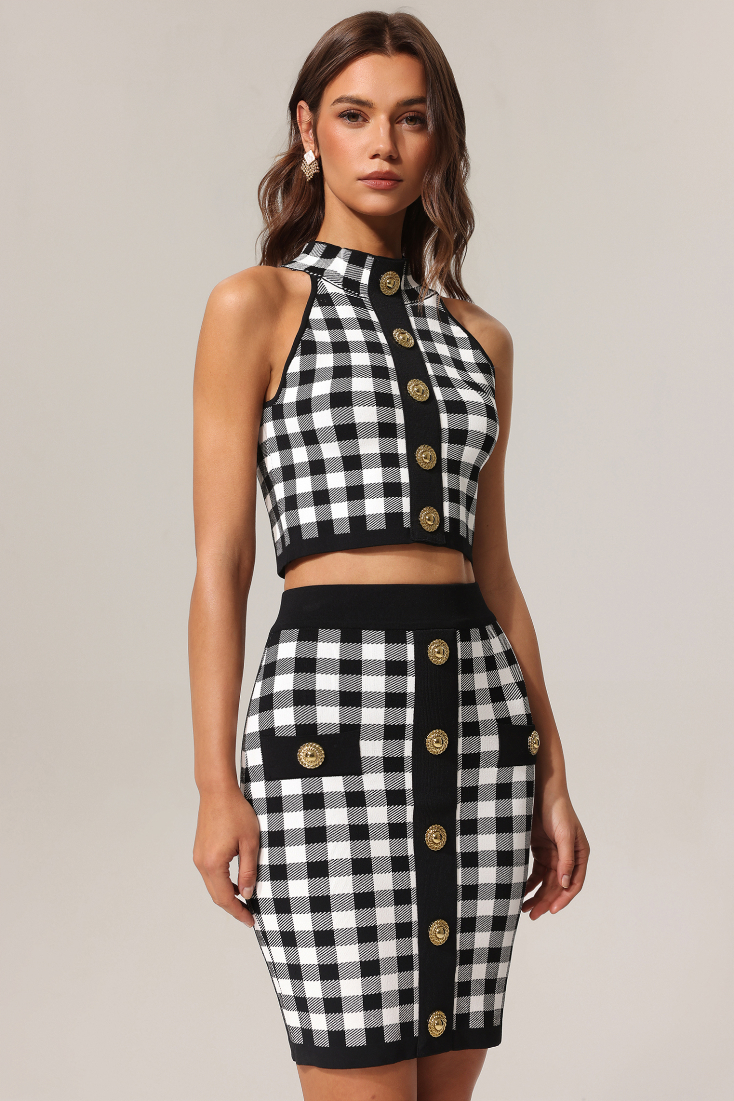 Lizbet Sleeveless Gold Button Knitted Top And Skirt Two-Piece Set