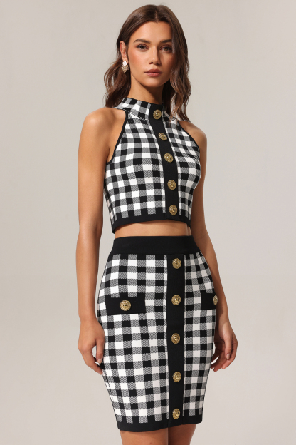 Lizbet Sleeveless Gold Button Knitted Top And Skirt Two-Piece Set