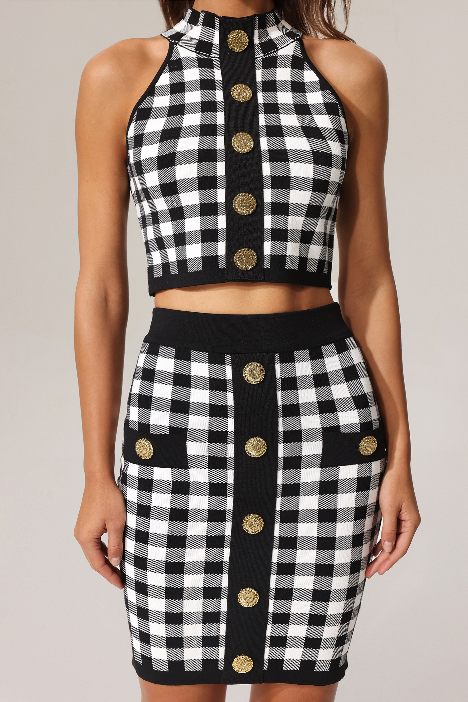 Lizbet Sleeveless Gold Button Knitted Top And Skirt Two-Piece Set