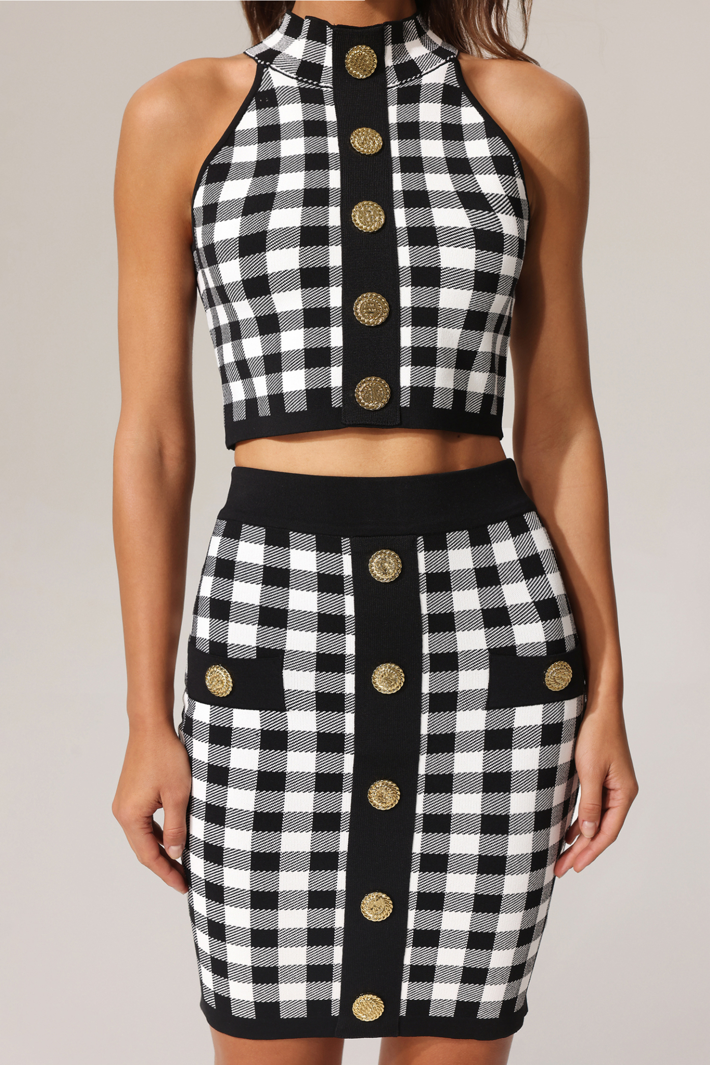 Lizbet Sleeveless Gold Button Knitted Top And Skirt Two-Piece Set