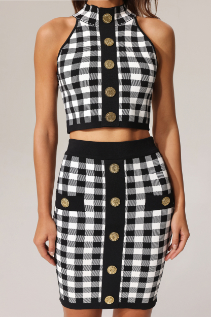 Lizbet Sleeveless Gold Button Knitted Top And Skirt Two-Piece Set