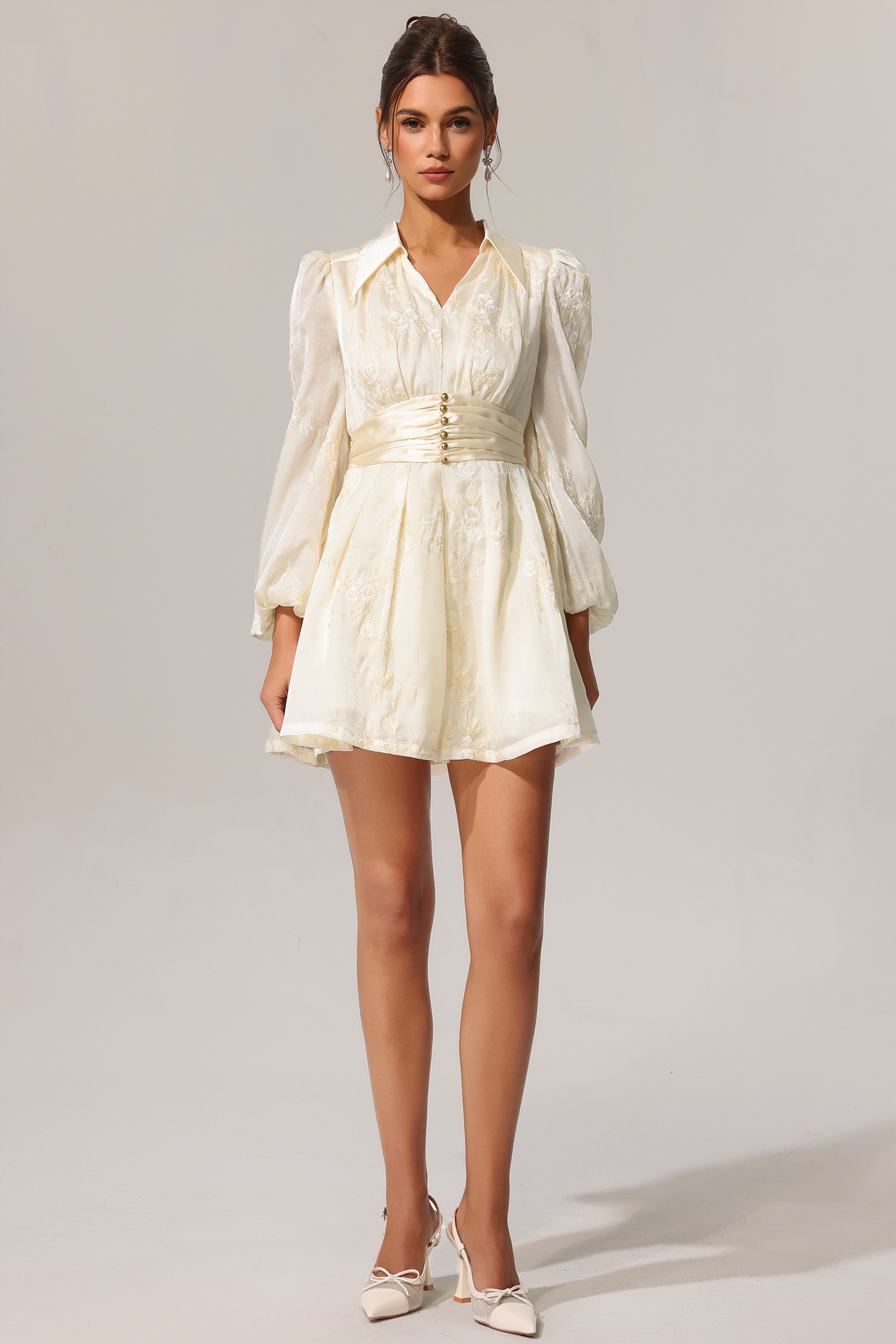 Giselle Long Sleeves Flowers Folds Mini Dress