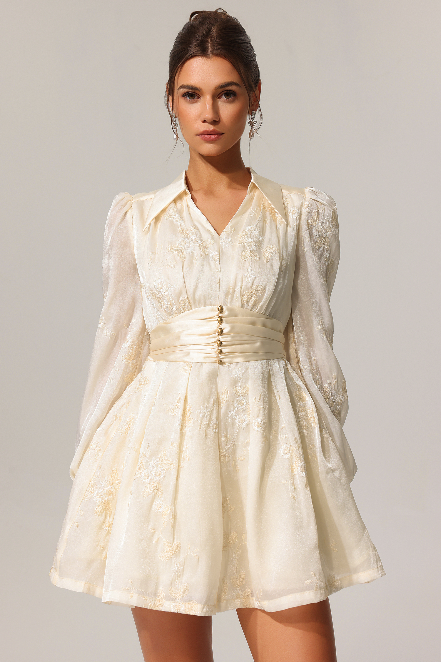 Giselle Long Sleeves Flowers Folds Mini Dress