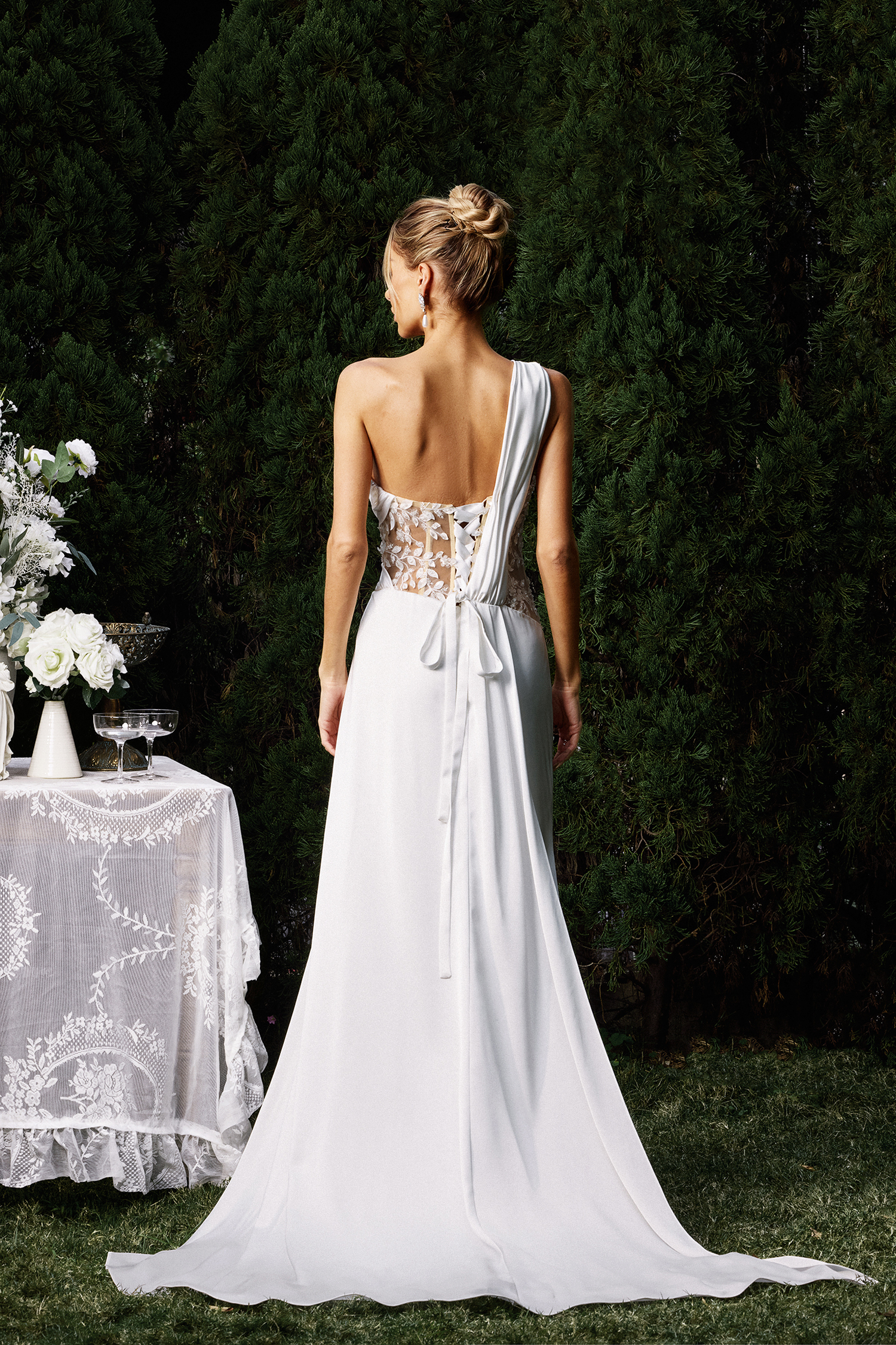 Karmen One Shoulder Sleeveless Lace Slit Maxi Dress