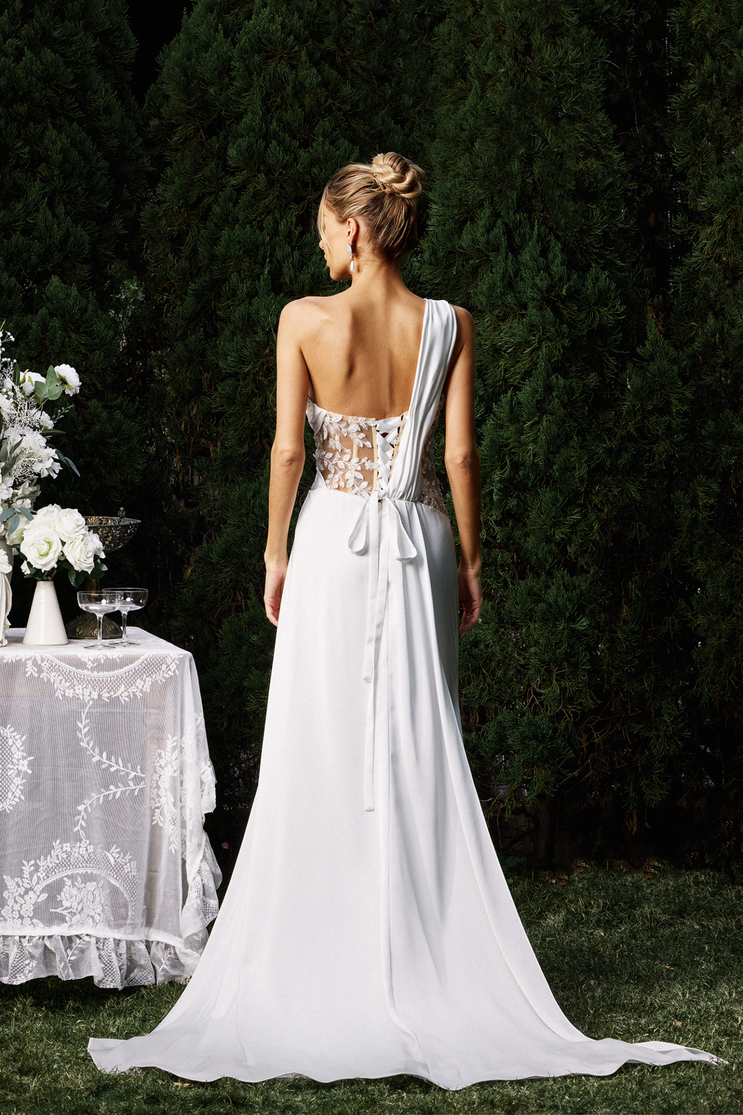 Karmen One Shoulder Sleeveless Lace Slit Maxi Dress