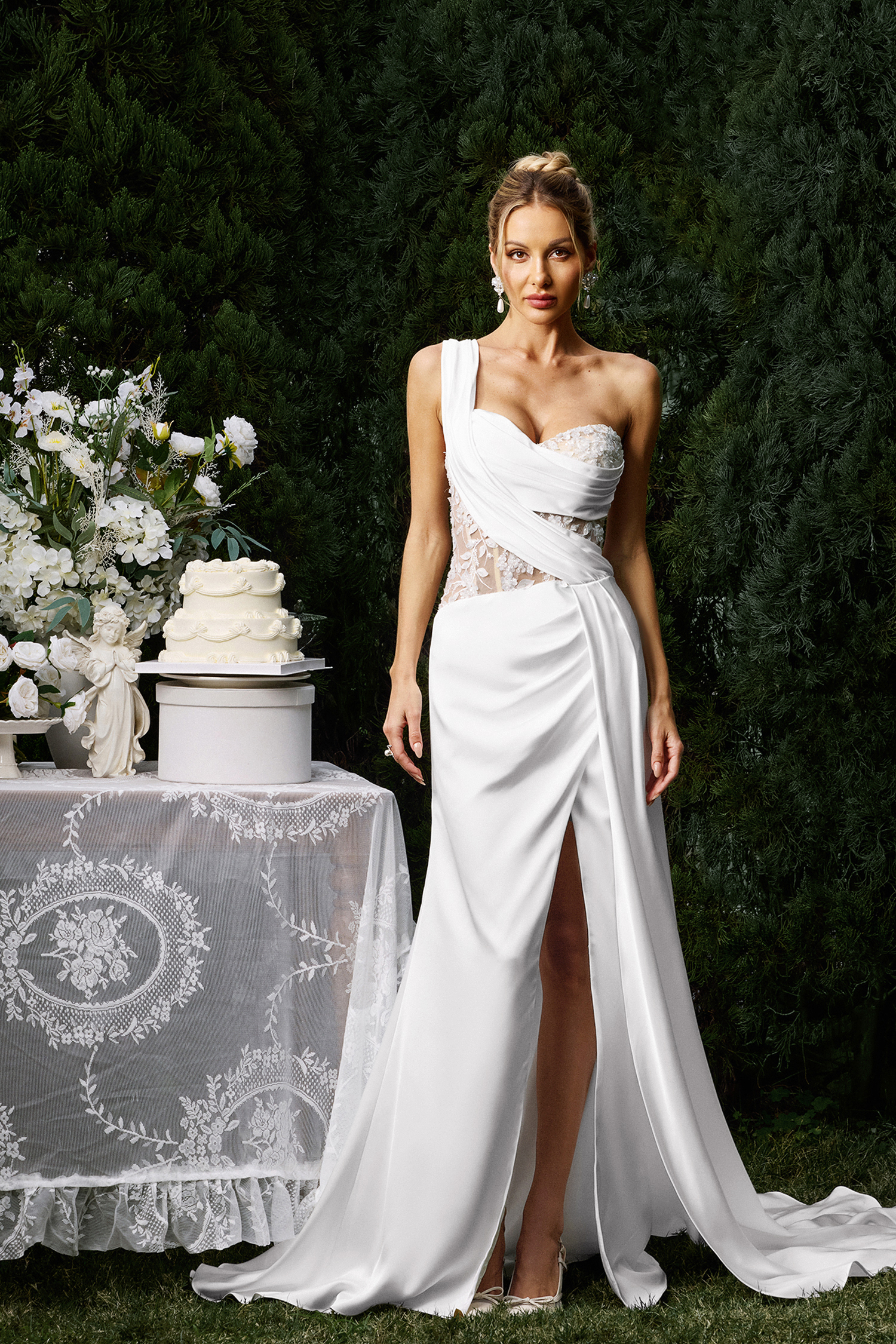 Karmen One Shoulder Sleeveless Lace Slit Maxi Dress