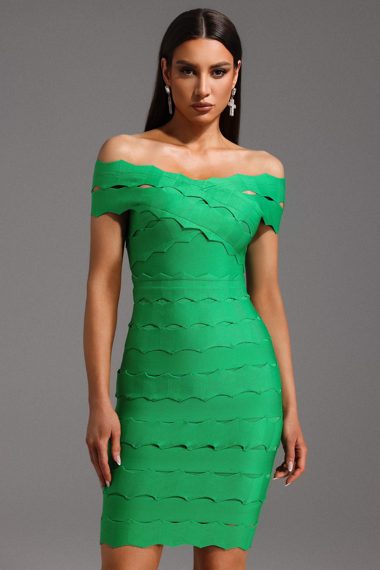 Lacie Off The Shoulder Wavy Bandage Midi Dress