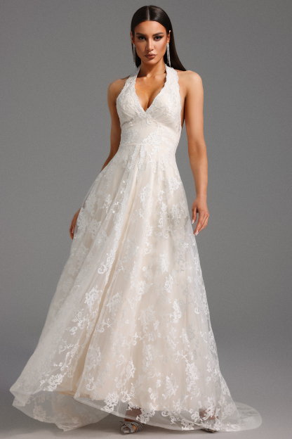 Doluo Halter Sleeveless V-Neck Lace Maxi Dress