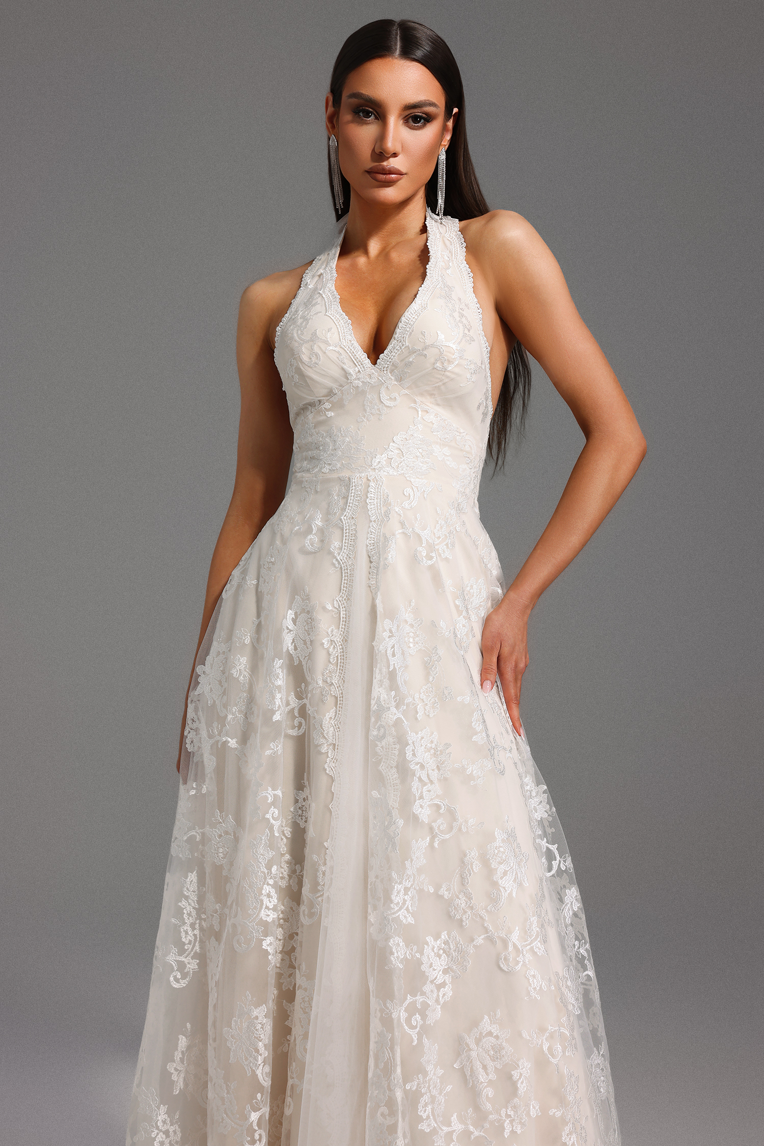 Doluo Halter Sleeveless V-Neck Lace Maxi Dress