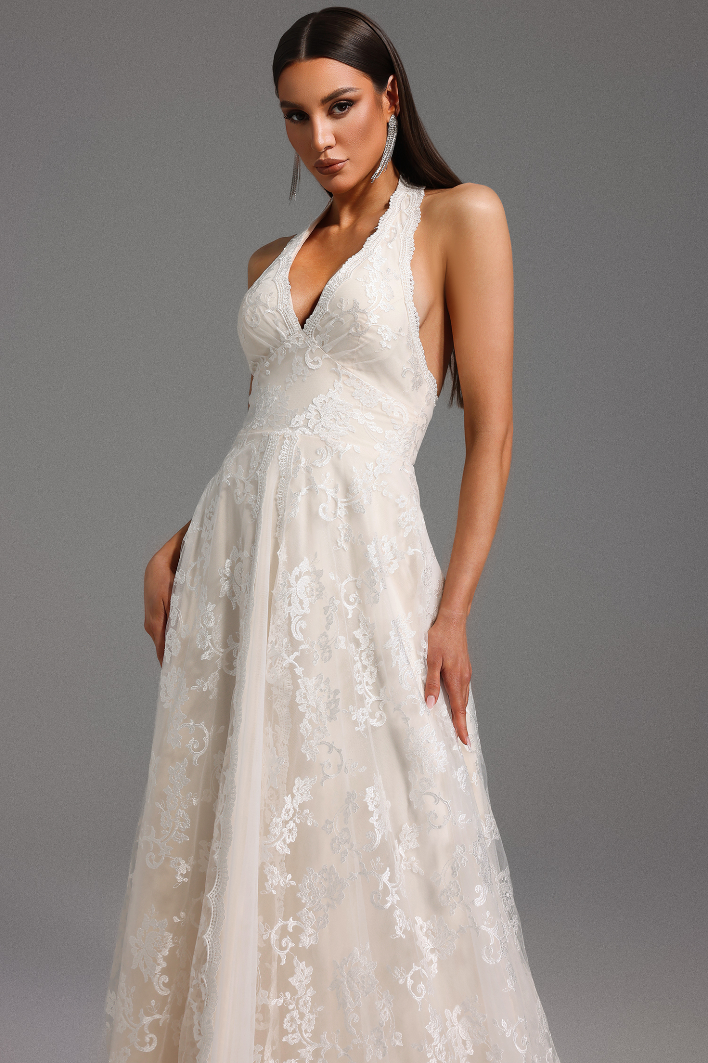 Doluo Halter Sleeveless V-Neck Lace Maxi Dress