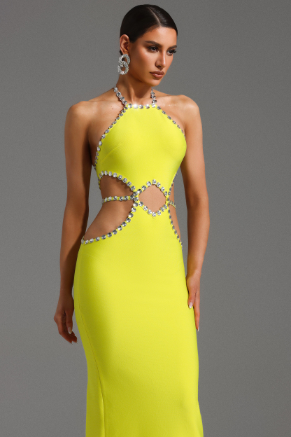 Juyce Halter Sleeveless Hollow Out Diamond Bandage Maxi Dress