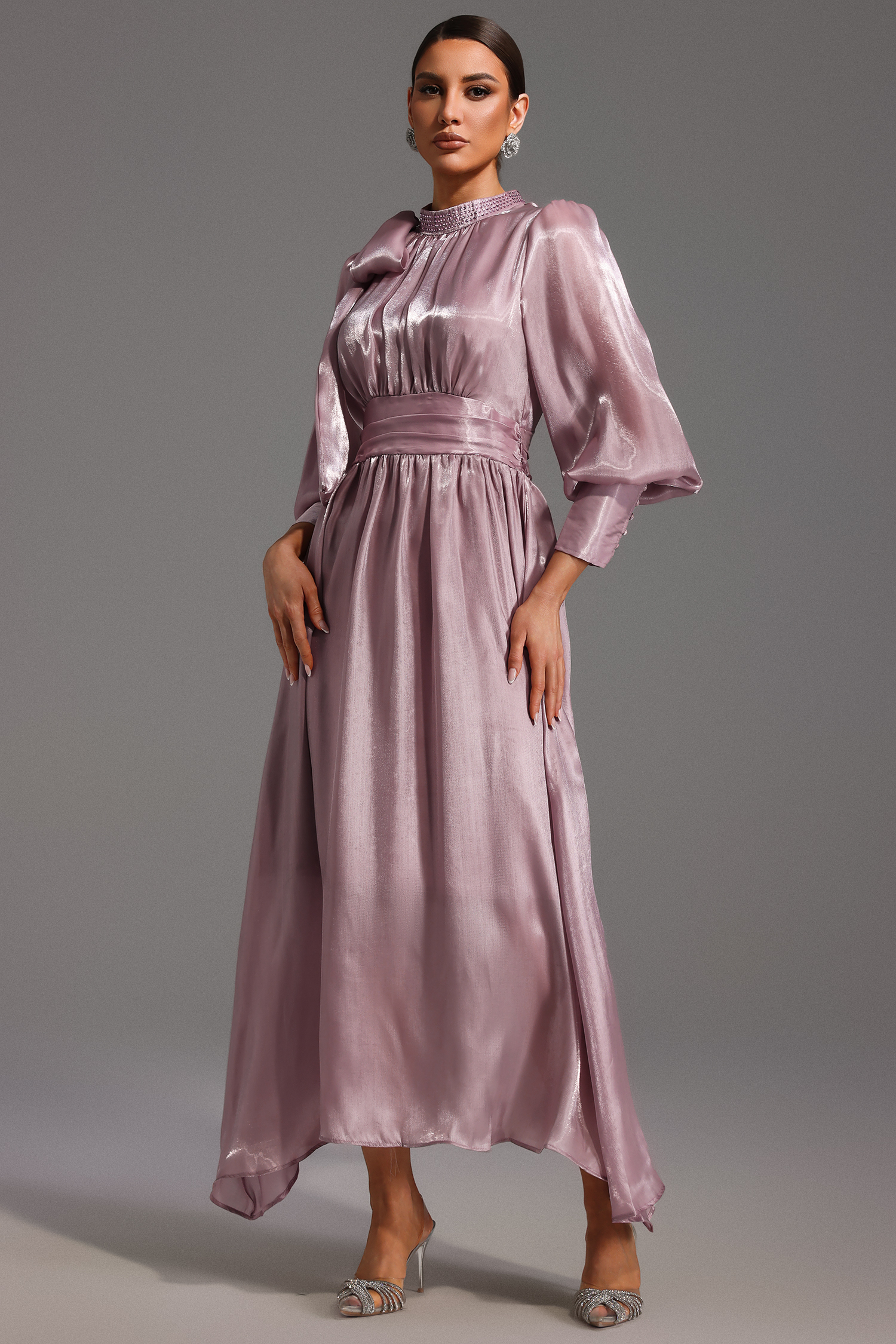 Jenny Long Sleeve Lacing Bow Diamond Maxi Dress